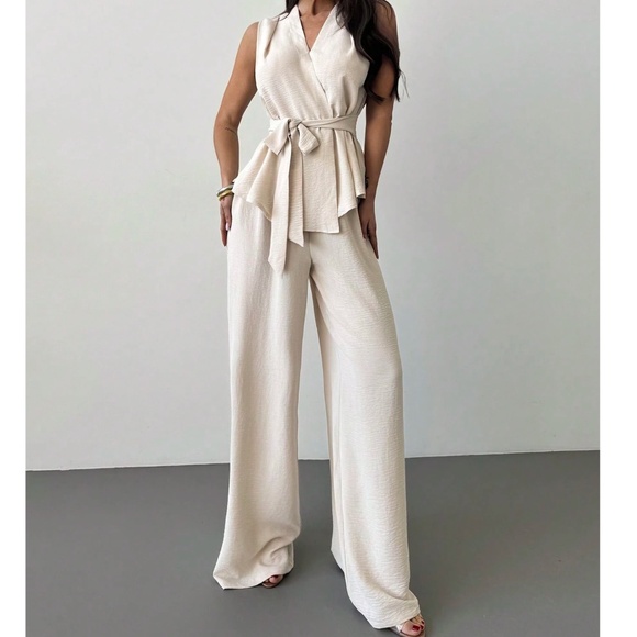 Classic Surplice Sleeveless Belted Blouse Wide leg Pants - Picture 1 of 8